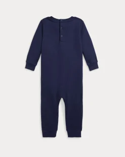 Tutina Ralph Lauren blu in misto cotone con stampa orsetto