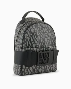 Zaino nero a motivo logo beige in similpelle con maxi fibbia logo in metallo a specchio tono su tono