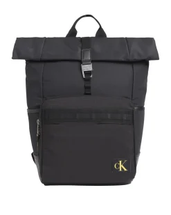 Zaino nero in nylon con tascone in tessuto ripstop e patch monogramma giallo ricamato