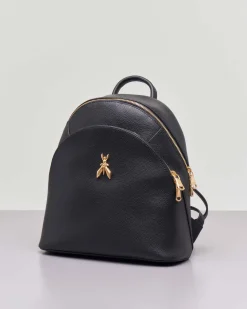 Zaino nero in pelle effetto martellato con Fly dorato e doppio scomparto