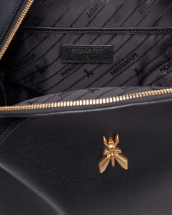 Zaino nero in pelle effetto martellato con Fly dorato e doppio scomparto